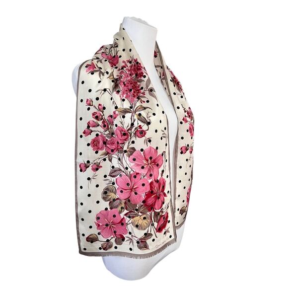 Oscar de la Renta Silk Floral Rectangle Scarf Wrap Cream Pink Roses & Cherry - Picture 1 of 5